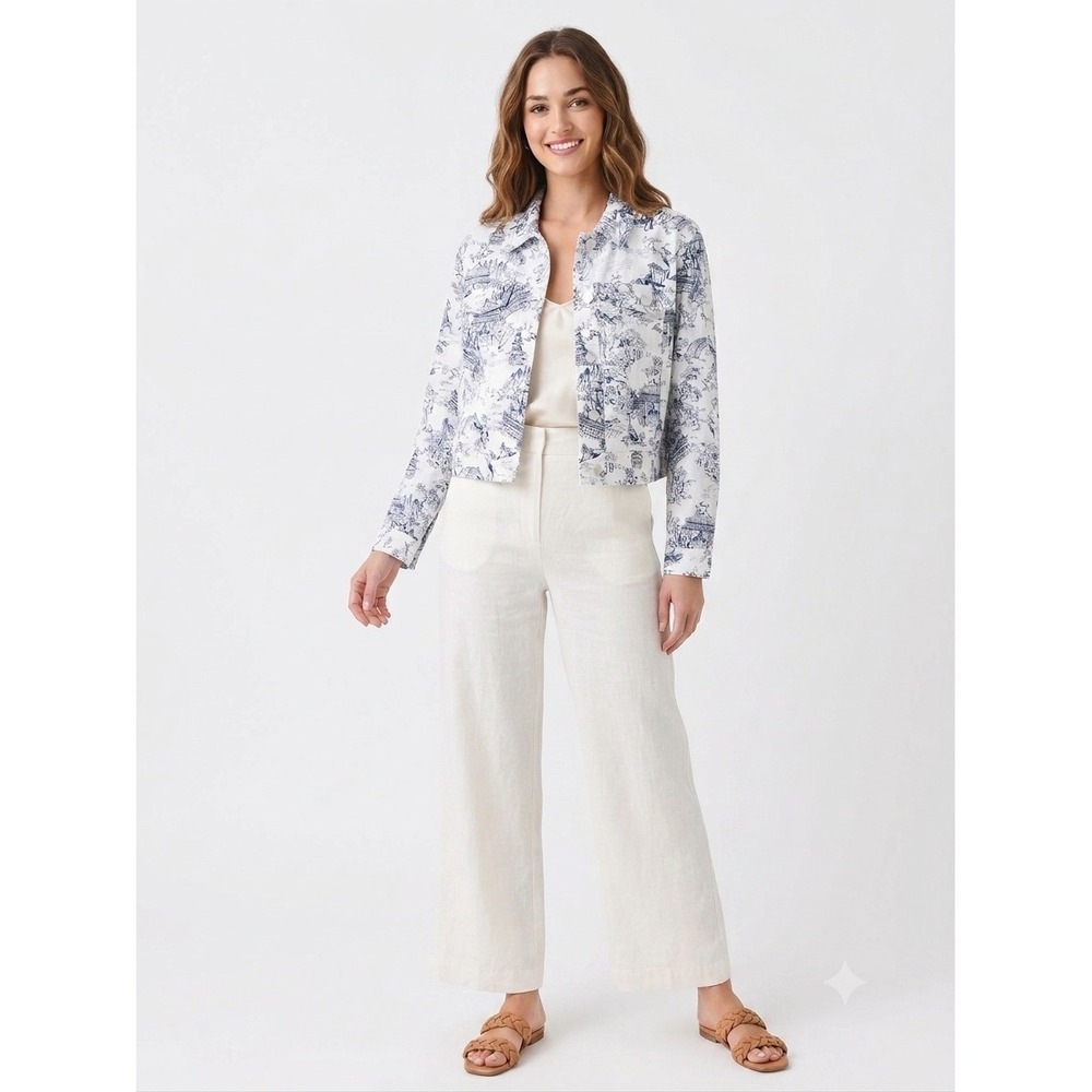 Joie Women Blue White Toile De Jouy Linen Blend Cropped Trucker Jacket XL NEW